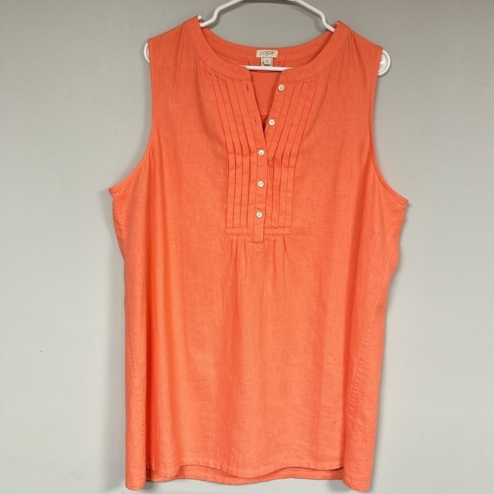 J Crew Salmon / Coral Linen Blend Tunic Sleeveless Blouse Top, 1/3 button, XL